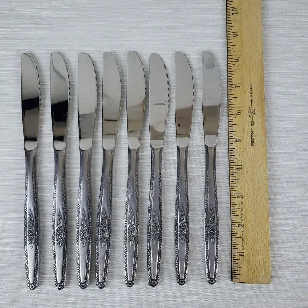 Vintage Single Rose Stainless Steel Butter Knives 8 Pcs Silverware Japan MCM